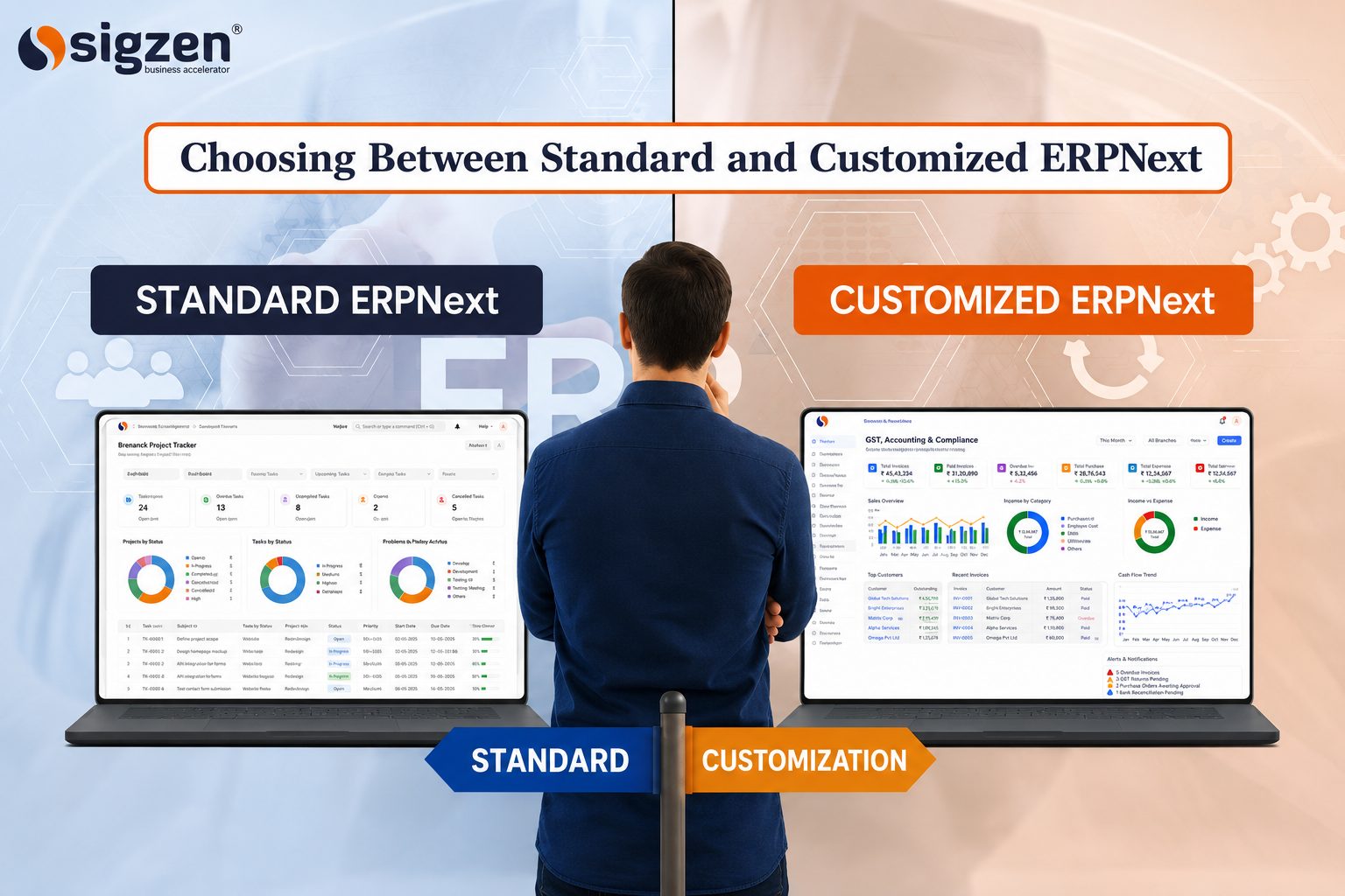Business professional comparing Standard ERPNext and Customized ERPNext dashboards to choose the right ERP solution for business operations.