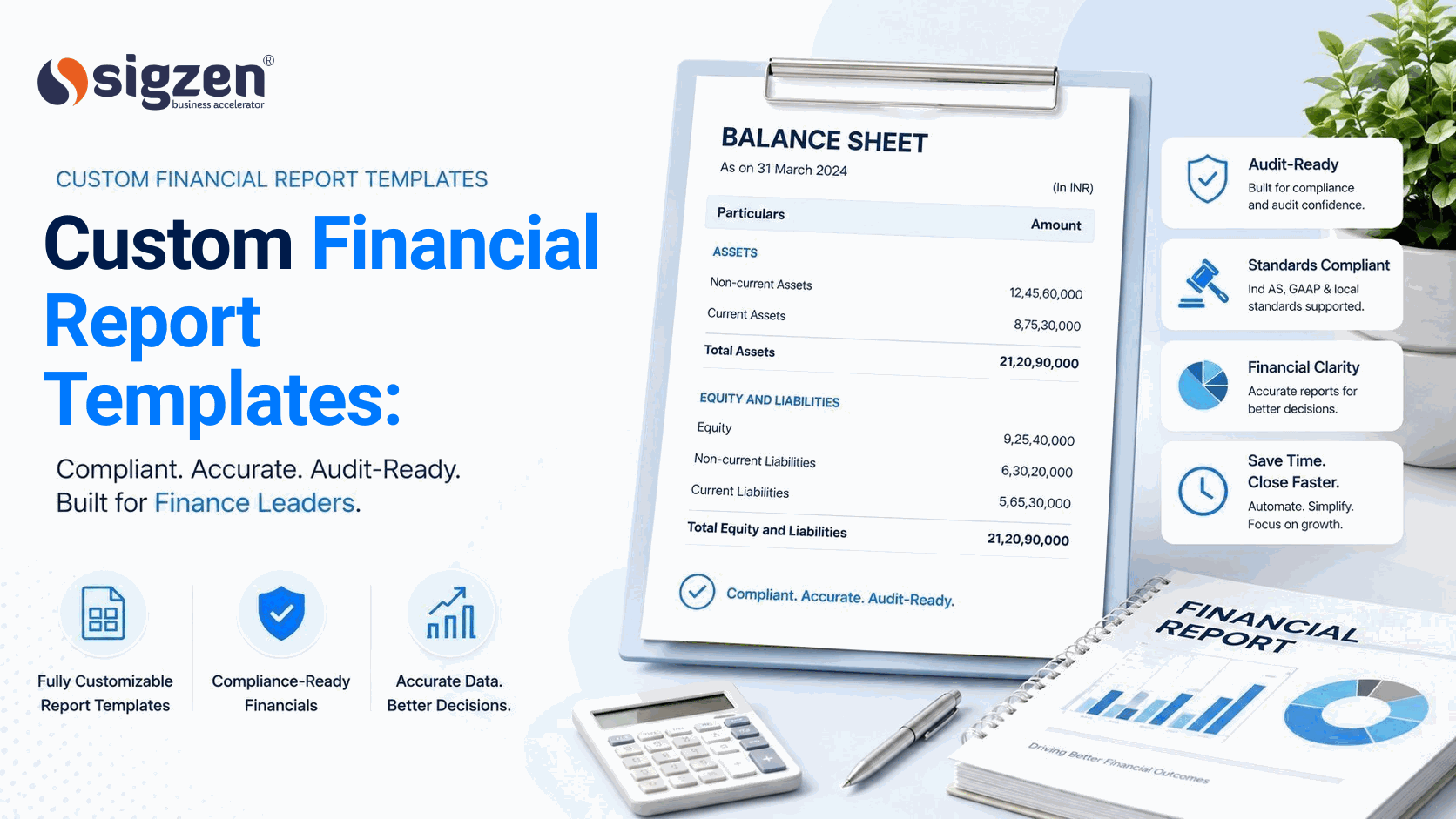 Illustration of custom financial report templates with a balance sheet, financial report charts, and compliance-ready accounting features for ERP and audit reporting.