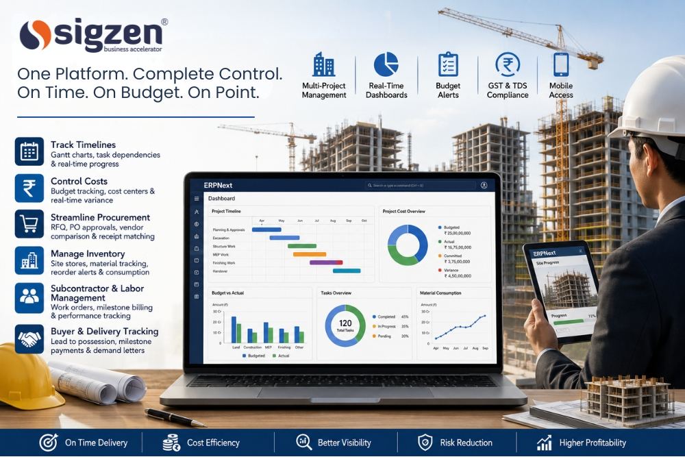 Real Estate Project Management with ERPNext dashboard showing timelines, costs, and construction delivery tracking